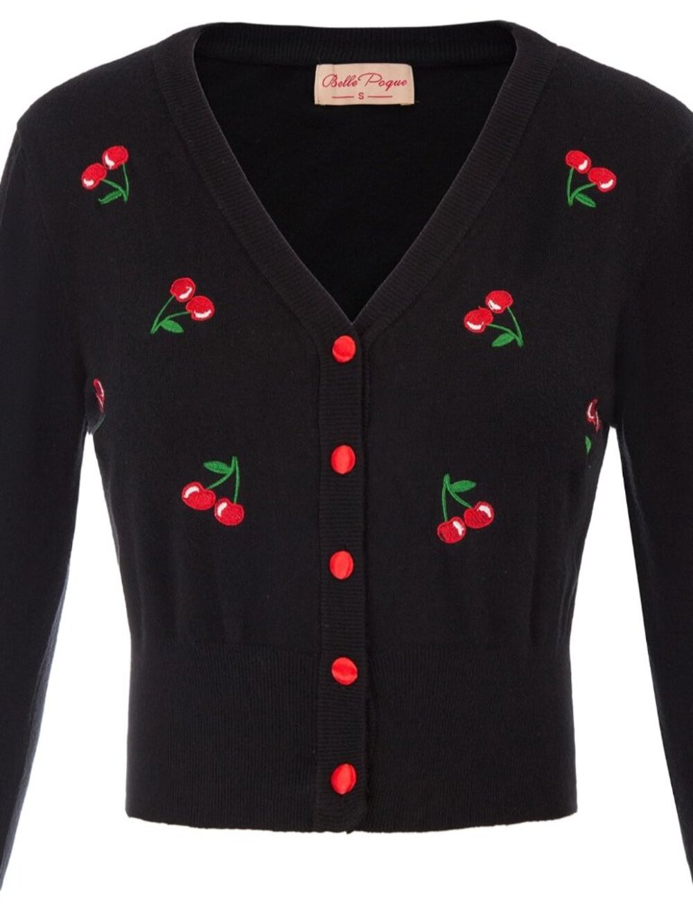 Women's 3/4 Sleeve V-Neck Button Down Cherries Embroidery Cropped Cardigan Sweat - Picture 1 of 7